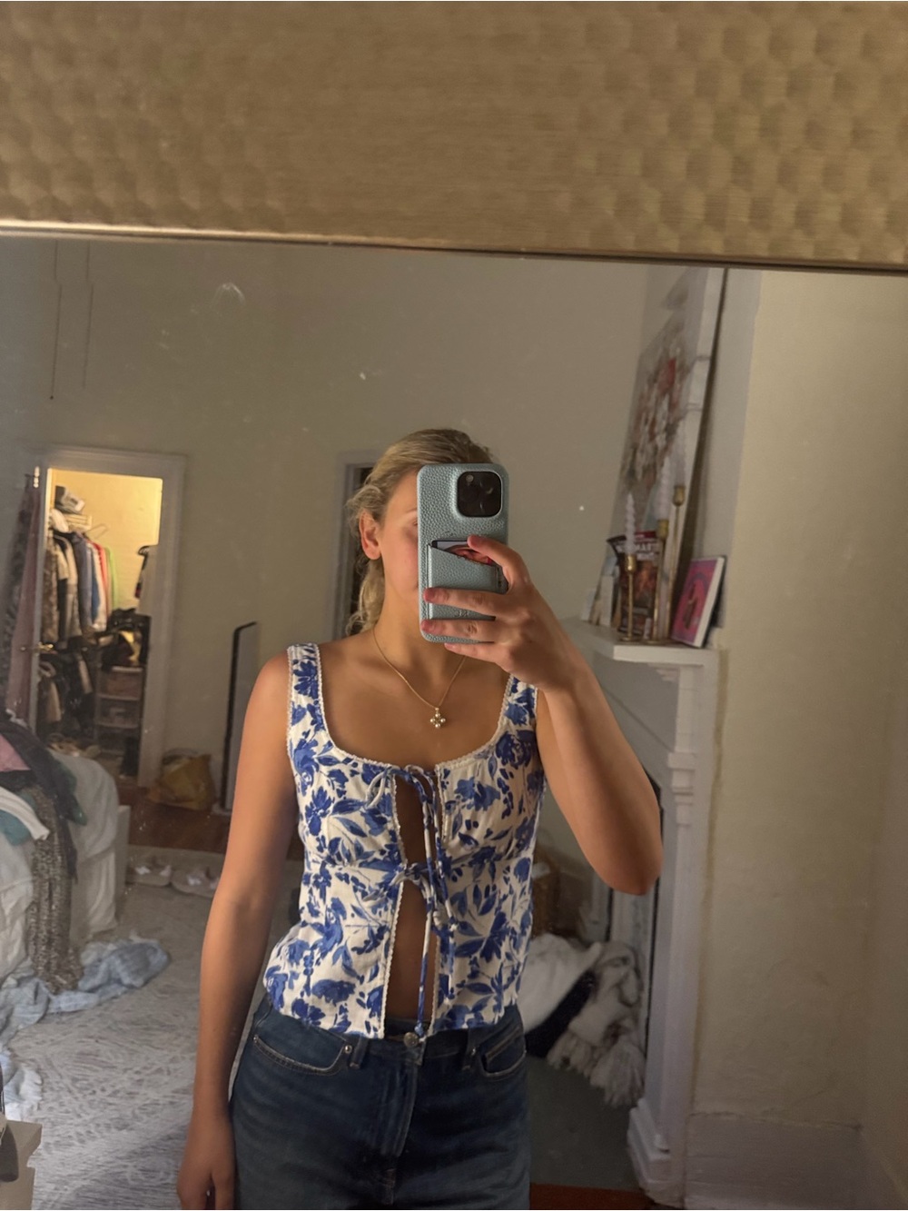 Blue and White Floral Tie-Front Camisole Top